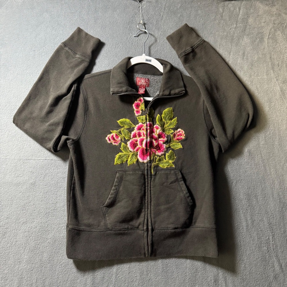 Lucky Brand Girls Medium Brown Floral Embroidered Full Zip Sweatshirt Jacket